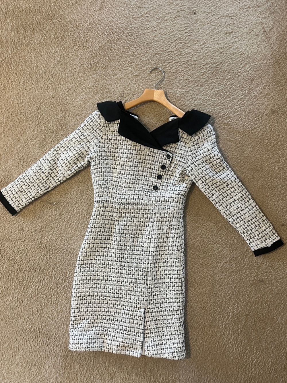 Girls' White & Black Tweed Formal Dress with Contrast Collar